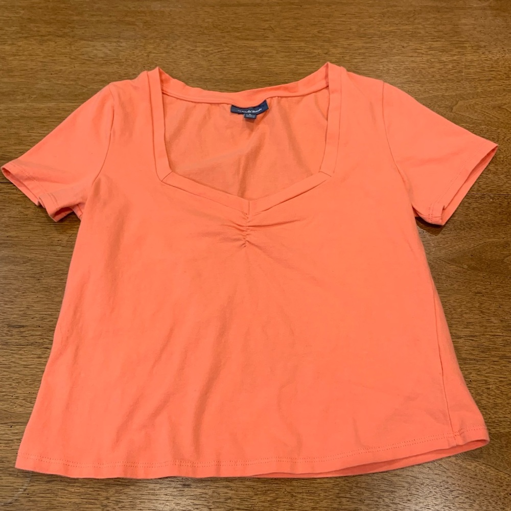 ModCloth neon orange cropped short sleeved tee shirt with sweetheart neckline